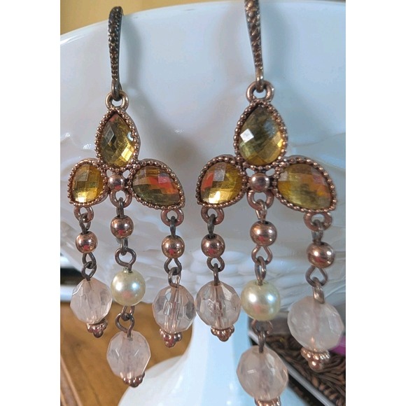 Vintage Boho Chandelier Earrings Amber Glass Beads Pearl Dangle Copper Tone - Picture 1 of 3